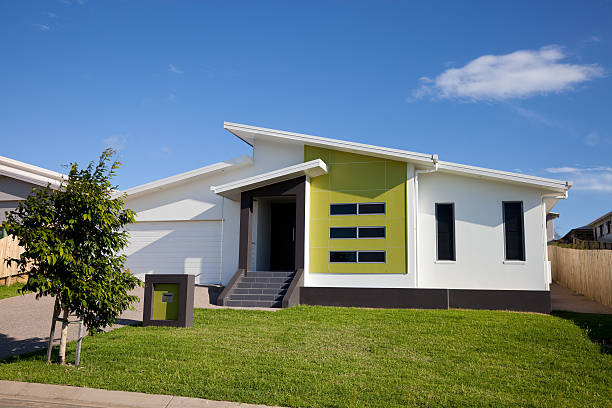 Front view of neat retro-modern family home stock photo