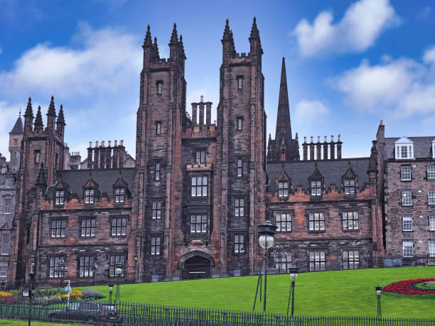Front view of New College of the University of Edinburgh, looking up Castle Hill stock photo