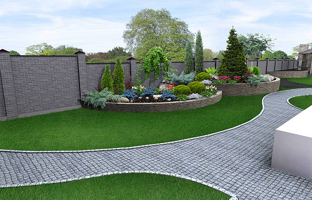 Front yard horticultural background, 3d render Natural character of the site into the design. Well-thought landscape planning. front yard stock pictures, royalty-free photos & images