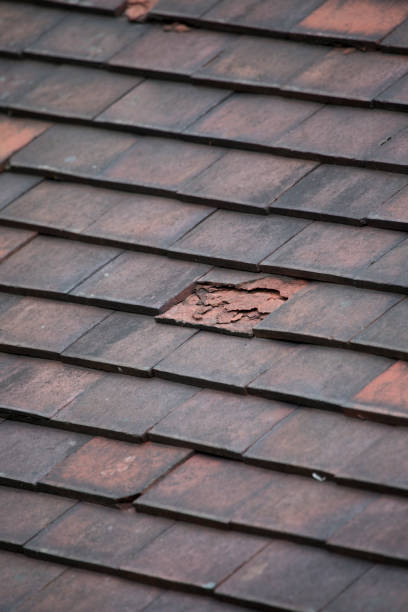 Frost damaged clay Rosemary tiles on a old roof, England stock photo
