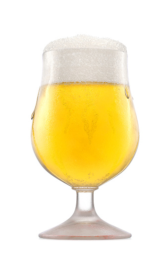 Frosty glass of fresh light beer with bubble froth isolated on a white background. 3D rendering concept of drinking alcohol on holidays, Oktoberfest or St. Patrick's Day