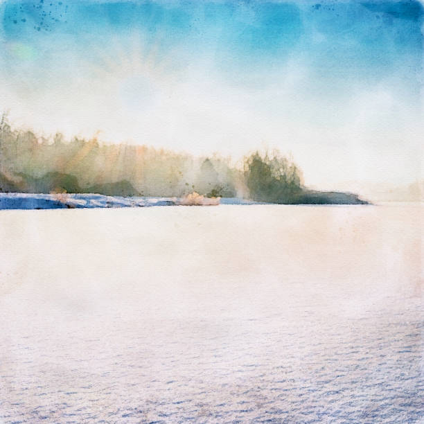 Frozen Lake by Sunshine - Watercolor Painting stock photo