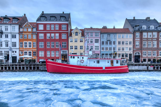 Frozen Nyhavn canal in Copenhagen, Denmark stock photo