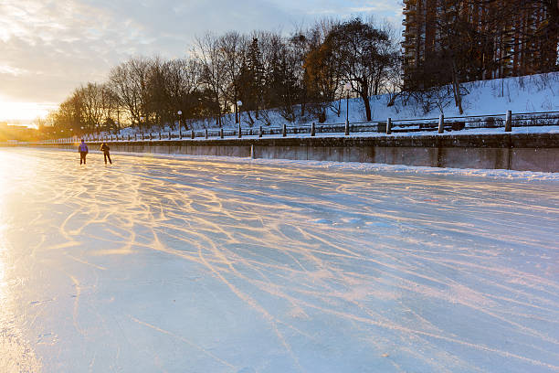Frozen Ottawa Canal at sunrise stock photo