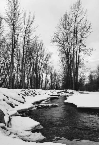Frozen river in winter stock photo