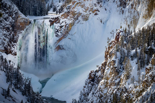 Frozen Yellowstone Canyon Waterfall, frozen in winter stock photo