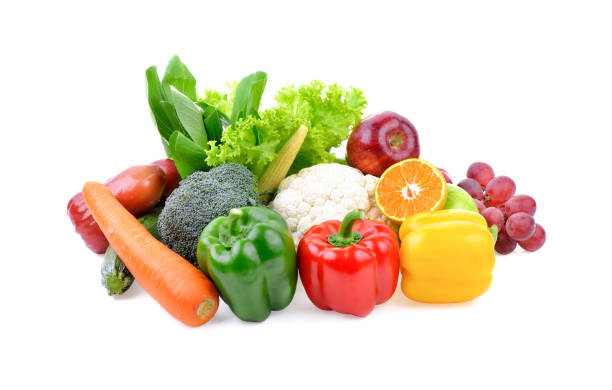 fruit and vegetable on white background stock photo