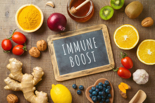 fruits and vegetables for immune system boosting. healthy eating background with copy space. top view - alimentos sistema imunitário imagens e fotografias de stock