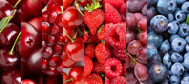 Fruits. Background of mixed ripe fruits and berries. Fresh food