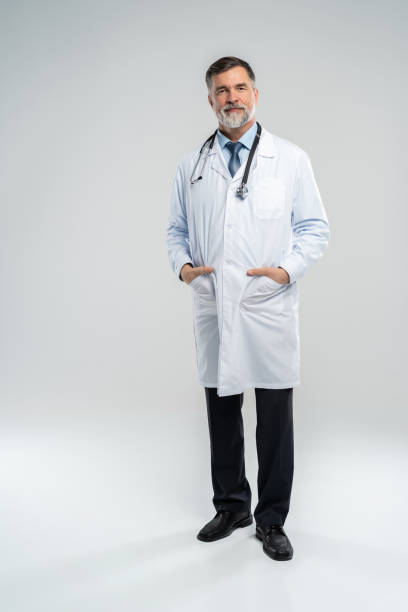 full body portrait of happy smiling doctor, isolated on white background. - medial object imagens e fotografias de stock