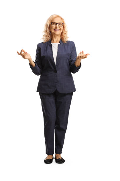 Full length portrait of a woman explaining something with hands stock photo