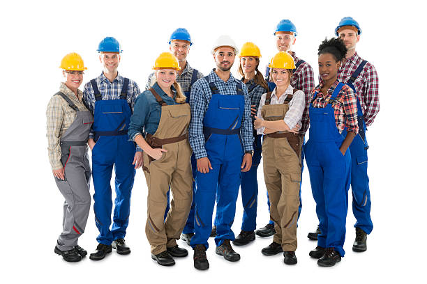Full Length Portrait Of Happy Carpenters Full length portrait of happy carpenters standing against white background african american plumber stock pictures, royalty-free photos & images
