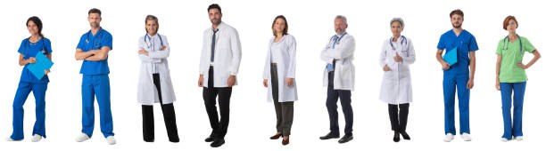 Full length portraits of doctors Collection of full length portraits of medical doctors. Design element, studio isolated on white background medical scrubs photos stock pictures, royalty-free photos & images