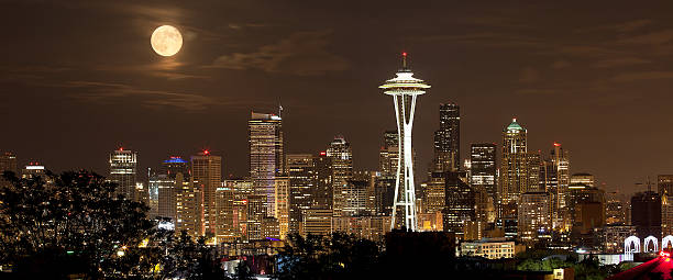 Full Moon Over the Seattle Skyline stock photo