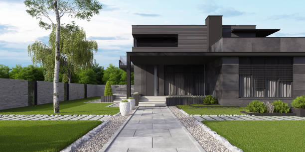 Fully Black Stone Modern Luxurious Villa with garden. stock photo