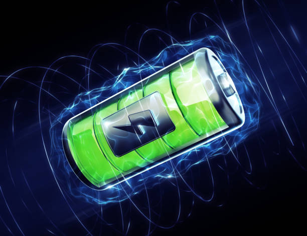 Fully Charged Battery Graphic representation of an abstract battery in surrounding of electric plasma. 3D-rendering graphics on the theme of Modern Sources of Electricity. energy storage stock pictures, royalty-free photos & images