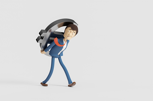 3D Comic Man running with briefcase and money on white background