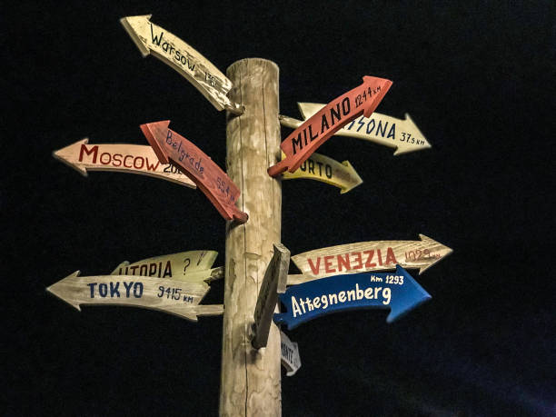 Funny colorful signpost to different countries around the world stock photo