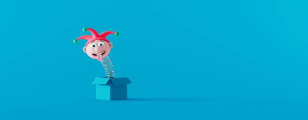 Funny Jack in the box on the blue background. April fools day concept 3d render stock photo