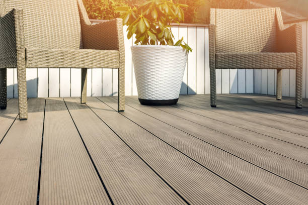 furnished outdoor terrace with wpc wood plastic composite decking boards stock photo