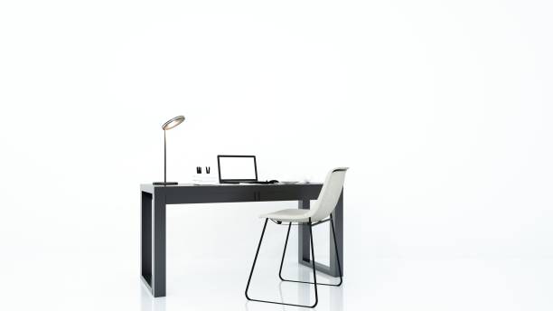 rendering 3d kantor furnitur dan dekorasi putih latar belakang - meja mebel potret stok, foto, & gambar bebas royalti