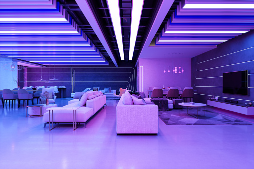 Furniture Showroom With Sofas, Dining Tables, Chairs And Neon Lights