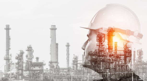 Future factory plant and energy industry concept. Future factory plant and energy industry concept in creative graphic design. Oil, gas and petrochemical refinery factory with double exposure arts showing next generation of power and energy business. petroleum engineering stock pictures, royalty-free photos & images
