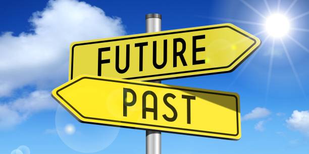 Future, past - yellow road-sign stock photo