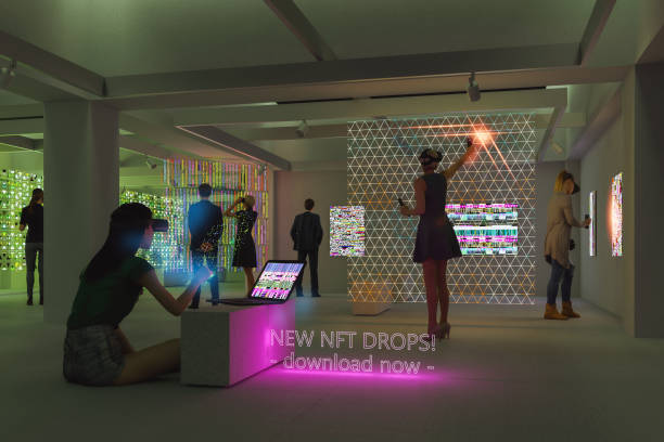 Futuristic art gallery with VR equipment stock photo