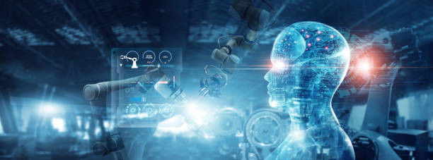 Futuristic Artificial intelligence. Robot engineer control automation robot arms machine in factory industrial. Monitoring data and machine learning. Robotics and digital manufacturing operation. stock photo