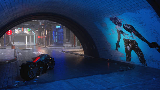 Futuristic bike in cyberpunk style city street at night. stock photo