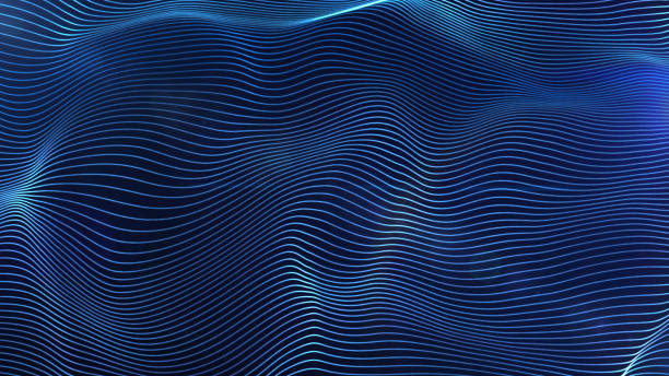 futuristico blu linee incandescenti particelle onda sfondo astratto - music concept foto e immagini stock