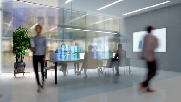 futuristische boardroom - vr meeting stockfoto's en -beelden