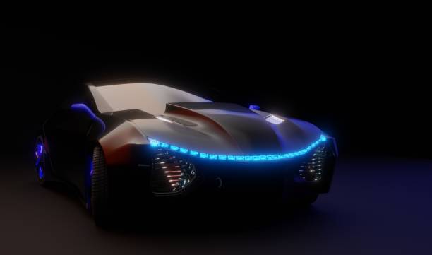 3D futuristic car model in the dark 3d the black car of the future stands on the smooth floor concept car stock pictures, royalty-free photos & images