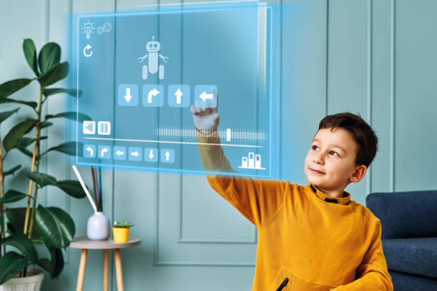 futuristische kind programmeringrobot op virtueel scherm. - future kids stockfoto's en -beelden