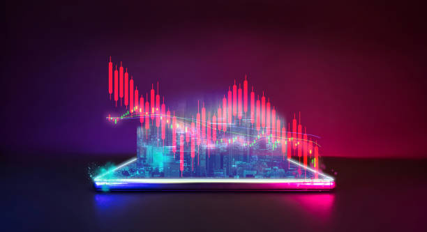 Futuristic city pop from mobile phone with world stock economy graph has down from virus corona or covid19 stock photo