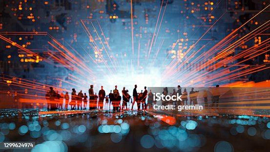 istock Futuristic city VR wire frame with group of people 1299624974