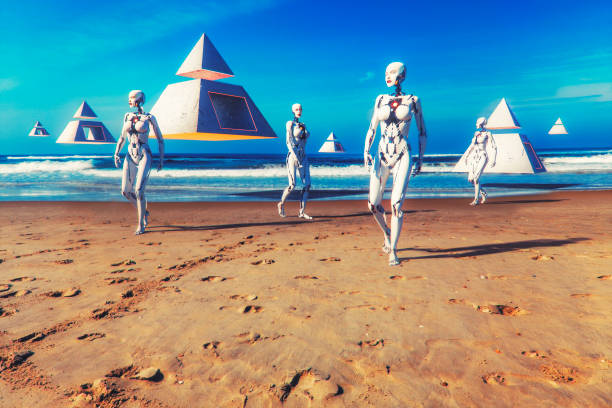 futuristische cyborgs buitenaardse invasie beach landing - beach game group stockfoto's en -beelden