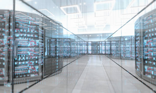 Futuristic data center server room in a large bright space stock photo