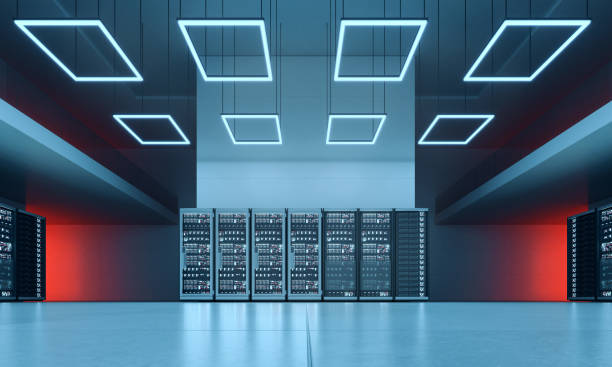 Futuristic data center with computer servers in a modern hall, night time stock photo
