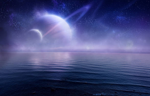 Futuristic evening seascape Futuristic evening  seascape. Aerial view. Saturn stock pictures, royalty-free photos & images