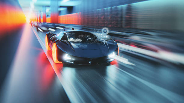 Futuristic generic concept sport car speeding on city highway Futuristic generic concept sport car speeding on city highway. Entirely 3D generated image. This is a generic design, custom made concept vehicle that does not borrow design elements from any of the real car models. Custom made graphic elements for the HUD display. light trail photos stock pictures, royalty-free photos & images