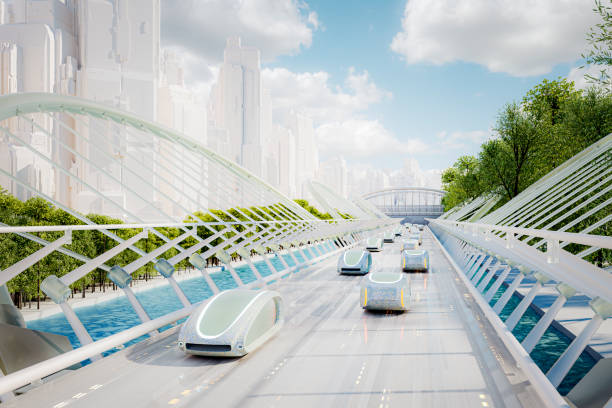 Futuristic green energy autonomous traffic Futuristic green energy autonomous traffic. Vehicle design is generic, not based on any real brand/model concept. concept car stock pictures, royalty-free photos & images