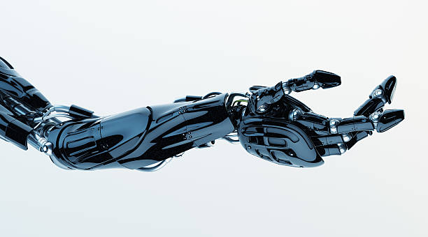 Futuristic innovation - artificial arm Future technology in black prosthetic hand on white. 3ds max render cyborg stock pictures, royalty-free photos & images
