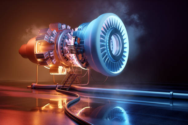 Futuristic Jet Engine Engineering Concept Futuristic jet engine technology background. Engineering and technology 3D illustration. aerospace industry stock pictures, royalty-free photos & images