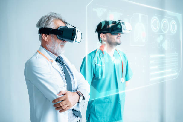 Futuristic Medical Diagnose Through Virtual Reality Glasses Simulator and Screen Interactive, Doctor Team Disease Diagnosis Patient Health on 3D VR Headset in Hospital Surgical Room. Medicine Doctors stock photo