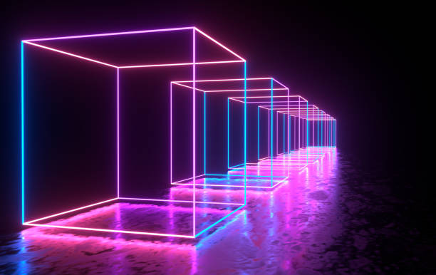 futuristische sci-fi betonnen kamer met gloeiende neon. virtual reality portal, computer video games, levendige kleuren, laser energiebron. blauw, paars, roze gradiënt neon lichten - space light stockfoto's en -beelden