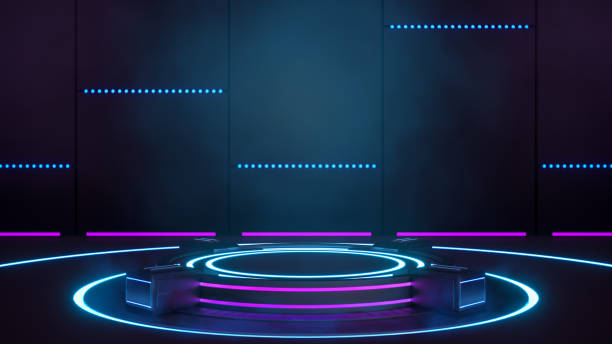Futuristic sci-fi technology blank platform pedestal with blue and violet glowing neon lights for product presentation, 3d rendering Futuristic sci-fi technology blank platform pedestal with blue and violet glowing neon lights for product presentation, 3d rendering stage performance space stock pictures, royalty-free photos & images