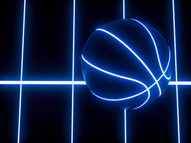 Single blue neon basketball ball on top of blue glowing crisscross...