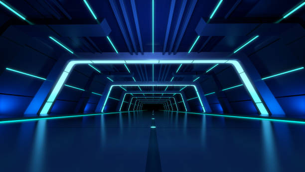 Futuristic Tunnel,Sci Fi Blue Glowing,Led Neon Lights,Empty Space Reflective, Cyber Virtual Background,3d rendering. Futuristic Tunnel,Sci Fi Blue Glowing,Led Neon Lights,Empty Space Reflective, Cyber Virtual Background,3d rendering. virtual background stock pictures, royalty-free photos & images